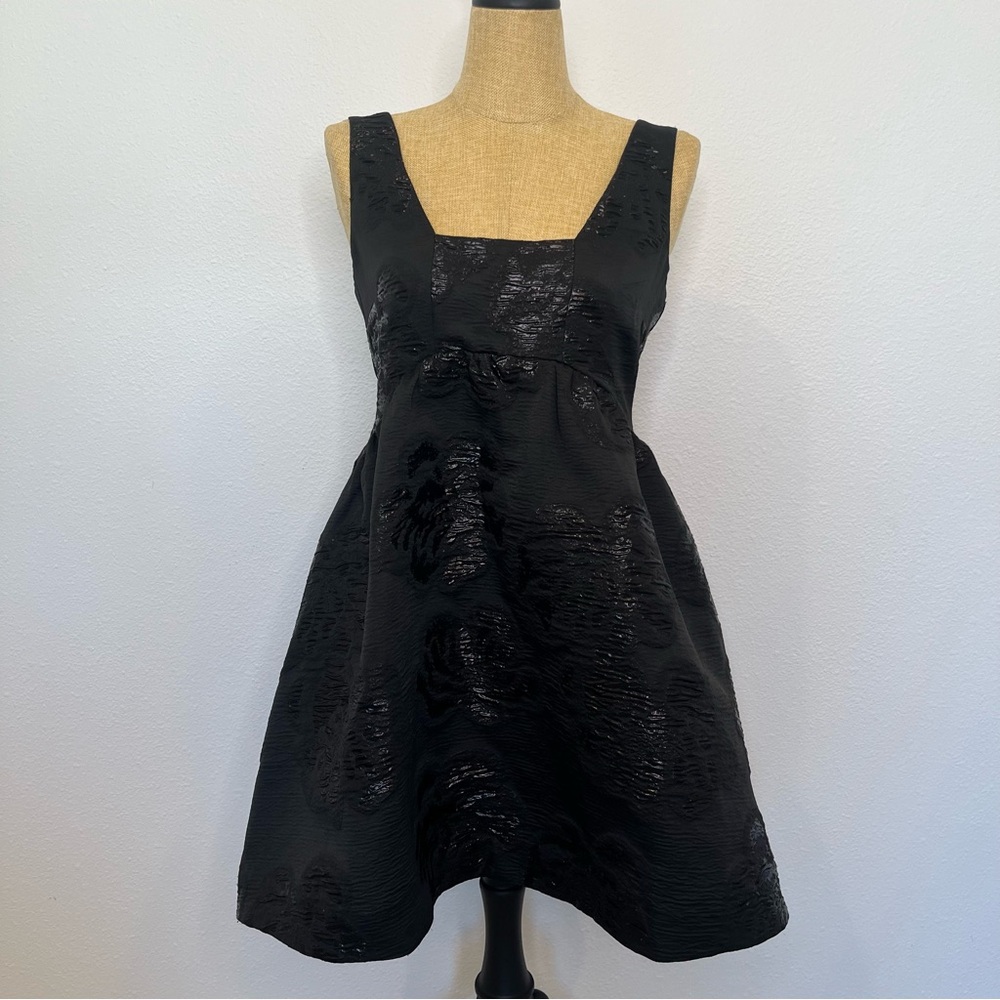 Anthropologie Maeve Black Jacquard Square Neck Cocktail Mini Dress, size 10 NWT